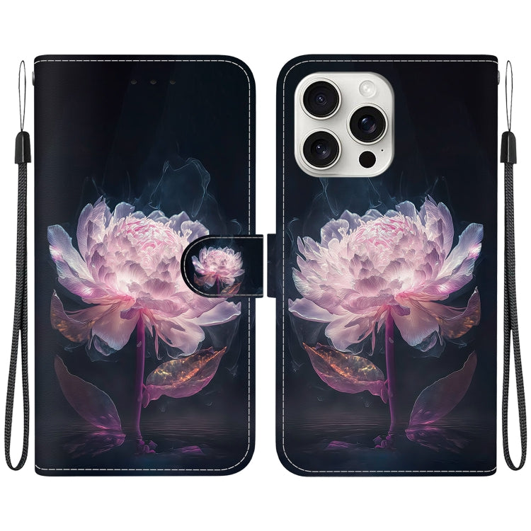 For iPhone 16 Pro Max Crystal Texture Colored Drawing Leather Phone Case(Purple Peony) - iPhone 16 Pro Max Cases by PMC Jewellery | Online Shopping South Africa | PMC Jewellery | Buy Now Pay Later Mobicred