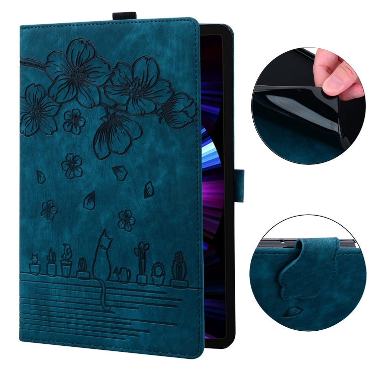 For Lenovo Tab P11 TB-J606F Cartoon Sakura Cat Embossed Leather Tablet Case(Blue) - Lenovo by PMC TechLife | Online Shopping South Africa | PMC TechLife | Buy Now Pay Later Mobicred