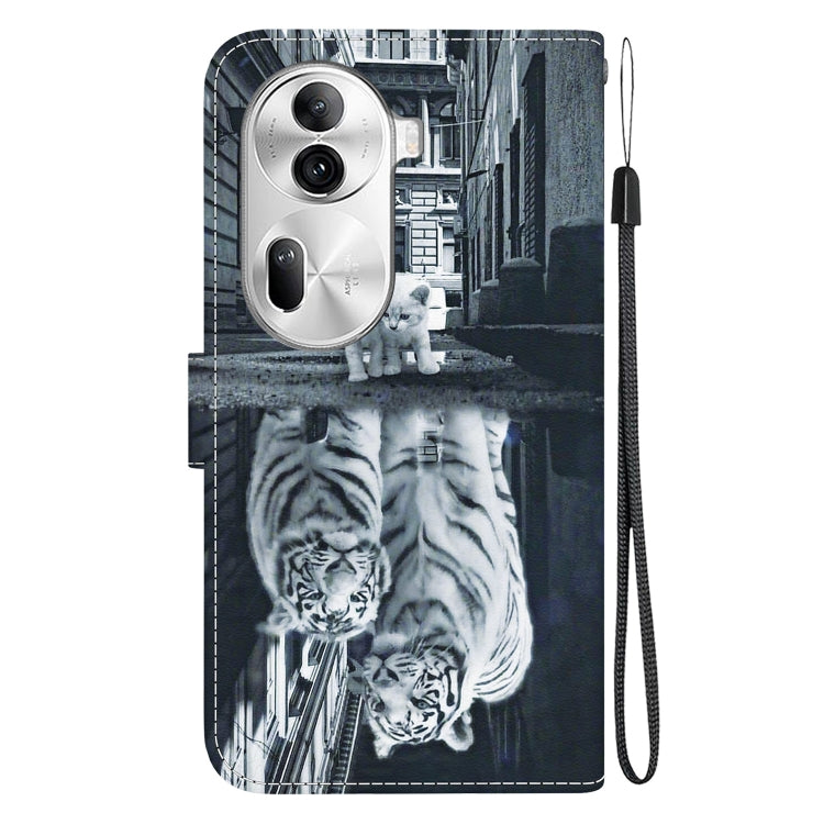 For OPPO Reno11 Pro 5G Global Crystal Texture Colored Drawing Leather Phone Case(Cat Tiger Reflection) - Reno11 Pro Cases by PMC TechLife | Online Shopping South Africa | PMC TechLife | Buy Now Pay Later Mobicred