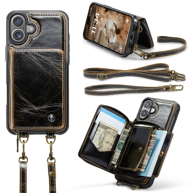 For iPhone 16 JEEHOOD C22 Series Zipper Wallet Leather Phone Case with Dual Lanyard(Coffee) - iPhone 16 Cases by JEEHOOD | Online Shopping South Africa | PMC Jewellery | Buy Now Pay Later Mobicred