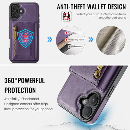 For iPhone 16 Plus DG.MING M5 Series Zip RFID Multi Card Detachable Leather Phone Case(Purple) - iPhone 16 Plus Cases by DG.MING | Online Shopping South Africa | PMC Jewellery | Buy Now Pay Later Mobicred