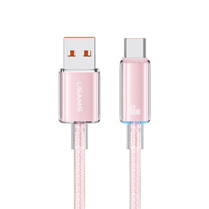 USAMS USB To Type-C 6A Aluminum Alloy Clear LED Fast Charge Data Cable, Length: 1.2m(Pink) - Multifunction Cable by USAMS | Online Shopping South Africa | PMC Jewellery | Buy Now Pay Later Mobicred