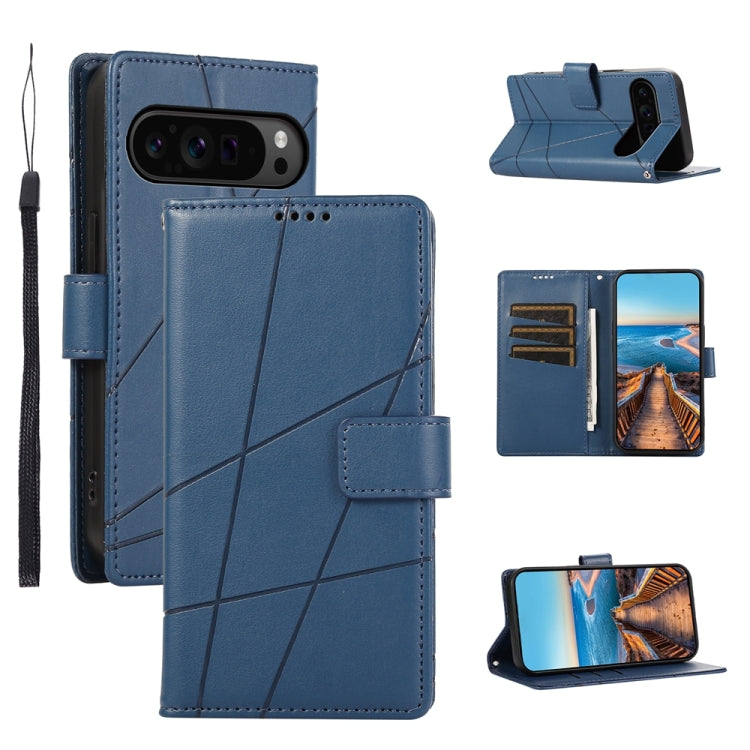 For Google Pixel 9 Pro PU Genuine Leather Texture Embossed Line Phone Case(Blue) - Google Cases by PMC Jewellery | Online Shopping South Africa | PMC Jewellery | Buy Now Pay Later Mobicred