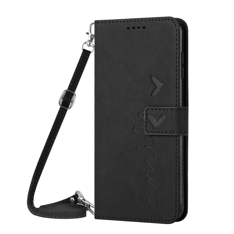 For OPPO Reno11 F Skin Feel Heart Embossed Leather Phone Case with Long Lanyard(Black) - Reno11 F Cases by PMC Jewellery | Online Shopping South Africa | PMC Jewellery | Buy Now Pay Later Mobicred