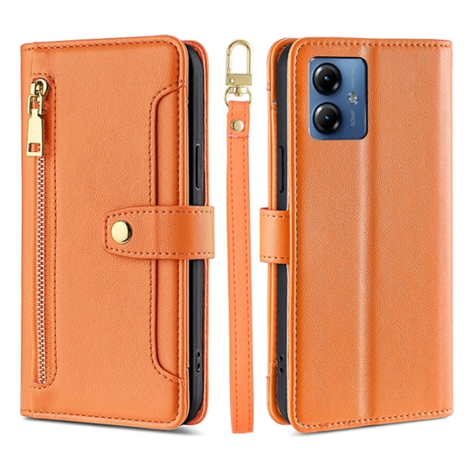 For Motorola Moto G14 4G Lite Sheep Texture Cross-body Zipper Wallet Leather Phone Case(Orange) - Motorola Cases by PMC Jewellery | Online Shopping South Africa | PMC Jewellery | Buy Now Pay Later Mobicred