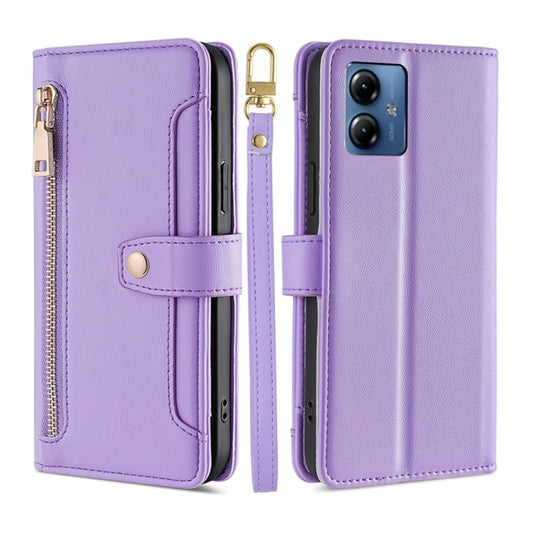 For Motorola Moto G14 4G Lite Sheep Texture Cross-body Zipper Wallet Leather Phone Case(Purple) - Motorola Cases by PMC Jewellery | Online Shopping South Africa | PMC Jewellery | Buy Now Pay Later Mobicred