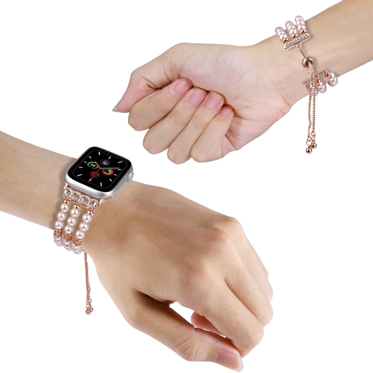 For Apple Watch Series 4 44mm Beaded Pearl Retractable Chain Watch Band(Pink) - Watch Bands by PMC Jewellery | Online Shopping South Africa | PMC Jewellery