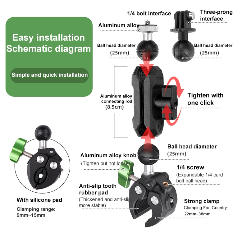 RUIGPRO Crab Clamp Action Camera Bracket 1/4 Dual-Head Crab 3-Stage Selfie Stick - free shipping - PMC TechLife - Order now!