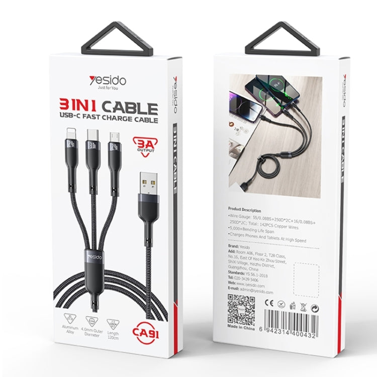 Yesido CA91 3A 3 in 1 USB to 8 Pin+USB-C/Type-C+Micro USB Aluminum Alloy Data Cable, Length: 1m(Black) - Multifunction Cable by Yesido | Online Shopping South Africa | PMC Jewellery | Buy Now Pay Later Mobicred