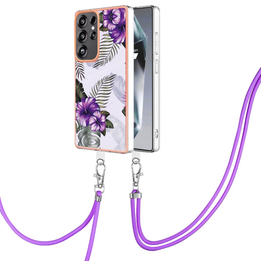 For Samsung Galaxy S25 Ultra 5G Electroplating Pattern IMD TPU Shockproof Case with Neck Lanyard(Purple Flower) - Galaxy S25 Ultra 5G Cases by PMC Jewellery | Online Shopping South Africa | PMC Jewellery | Buy Now Pay Later Mobicred