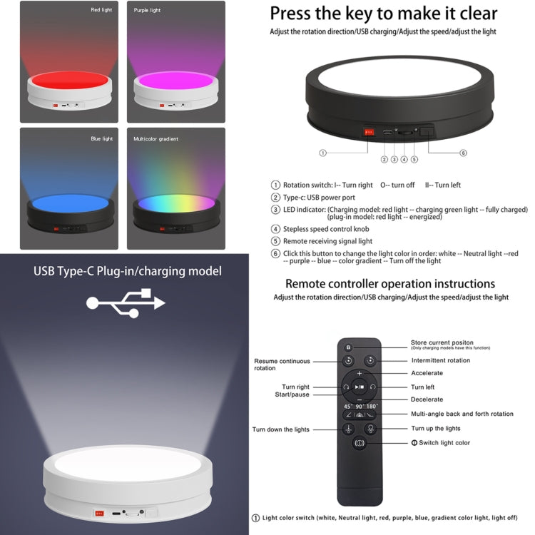 22cm Colorful LED Light Electric Rotating Display Stand Turntable, Style:Battery Charging(White) -  by PMC TechLife | Online Shopping South Africa | PMC TechLife | Buy Now Pay Later Mobicred