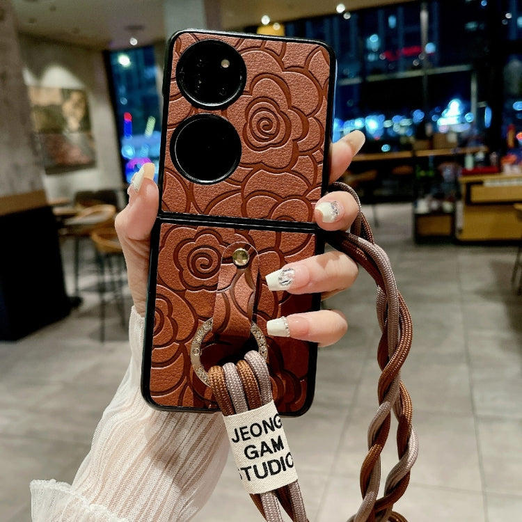 For Huawei P50 Pocket Impression Camellia Pattern Protective Phone Case with Diamond Ring Long Lanyard(Brown) - Huawei Cases by PMC TechLife | Online Shopping South Africa | PMC TechLife