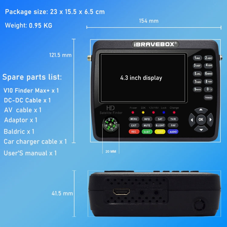 iBRAVEBOX V10 Finder Max+ 4.3 inch Display Digital Satellite Meter Signal Finder, Support DVB-S/S2/S2X AHD, Plug Type:UK Plug(Black) - Satellite Finder by PMC Jewellery | Online Shopping South Africa | PMC Jewellery | Buy Now Pay Later Mobicred