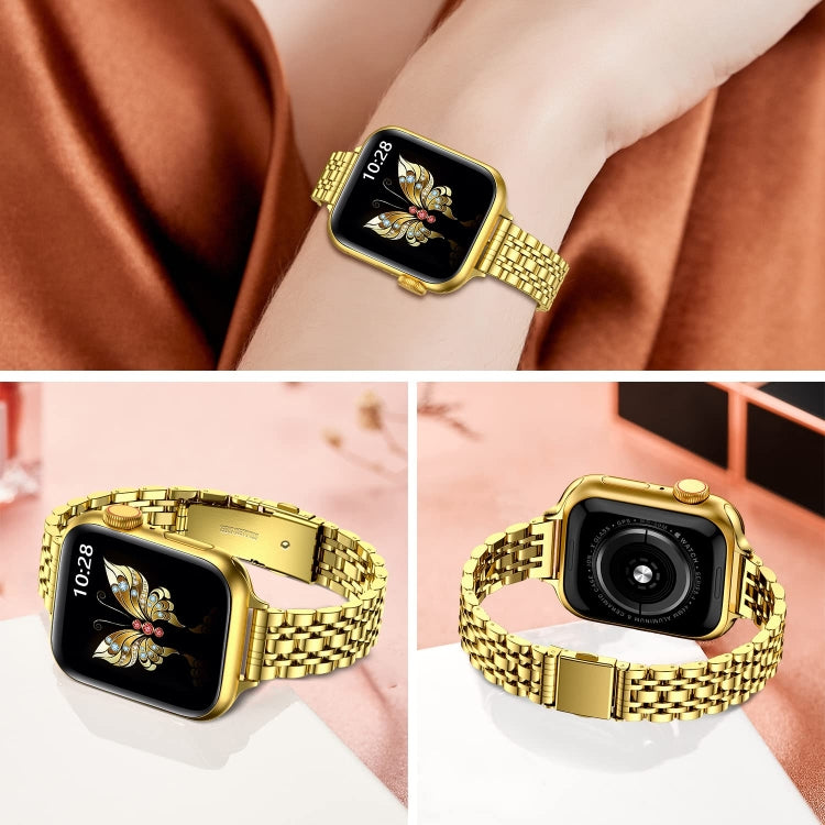 For Apple Watch Series 7 41mm Slim Seven Bead Slingshot Buckle Metal Watch Band(Gold) - Watch Bands by PMC Jewellery | Online Shopping South Africa | PMC Jewellery