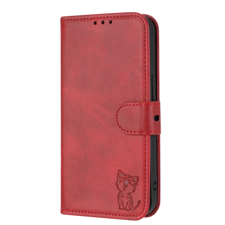 For Google Pixel 9 Embossed Happy Cat Pattern Flip Leather Phone Case(Red) - Google Cases by PMC Jewellery | Online Shopping South Africa | PMC Jewellery | Buy Now Pay Later Mobicred