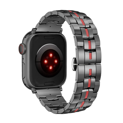 For Apple Watch Ultra 49mm Butterfly Buckle 5-Beads Metal Watch Band(Black Red) - Watch Bands by PMC Jewellery | Online Shopping South Africa | PMC Jewellery