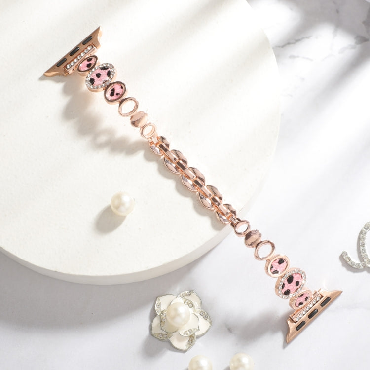 For Apple Watch SE 2023 40mm Leopard Rhinestones Metal Chain Watch Band(Rose Gold) - Watch Bands by PMC Jewellery | Online Shopping South Africa | PMC Jewellery