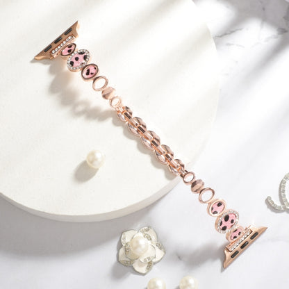 For Apple Watch Series 3 42mm Leopard Rhinestones Metal Chain Watch Band(Rose Gold) - Watch Bands by PMC Jewellery | Online Shopping South Africa | PMC Jewellery