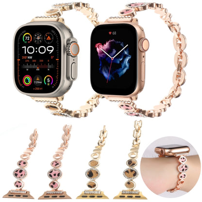 For Apple Watch SE 44mm Leopard Rhinestones Metal Chain Watch Band(Rose Gold) - Watch Bands by PMC Jewellery | Online Shopping South Africa | PMC Jewellery