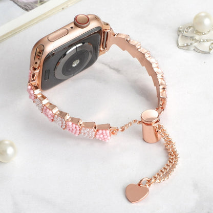 For Apple Watch SE 2023 44mm Shell Beads Chain Bracelet Metal Watch Band(Pink White Rose Gold) - Watch Bands by PMC Jewellery | Online Shopping South Africa | PMC Jewellery