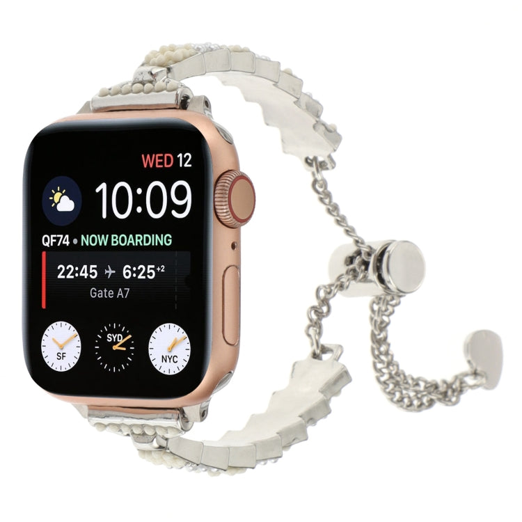 For Apple Watch SE 44mm Shell Beads Chain Bracelet Metal Watch Band(Beige White Silver) - Watch Bands by PMC Jewellery | Online Shopping South Africa | PMC Jewellery