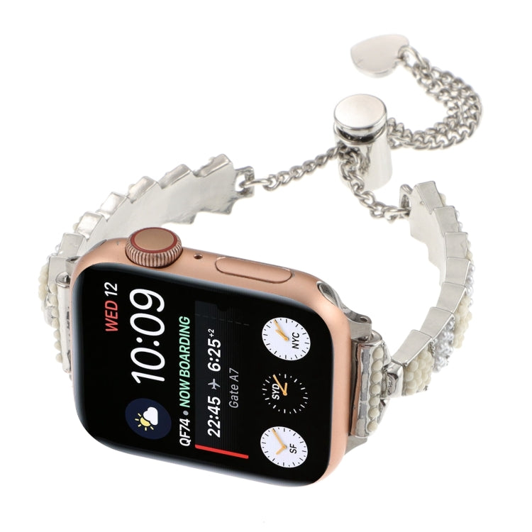 For Apple Watch Series 4 40mm Shell Beads Chain Bracelet Metal Watch Band(Beige White Silver) - Watch Bands by PMC Jewellery | Online Shopping South Africa | PMC Jewellery