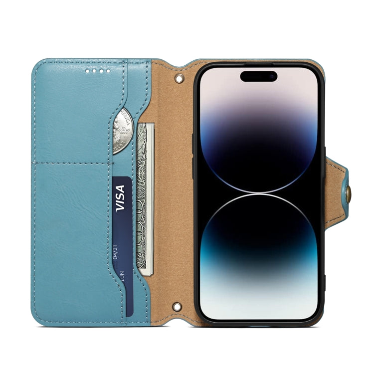 For iPhone 16 Plus Denior Cowhide Texture Wallet Style Leather Phone Case(Blue) - iPhone 16 Plus Cases by Denior | Online Shopping South Africa | PMC Jewellery | Buy Now Pay Later Mobicred