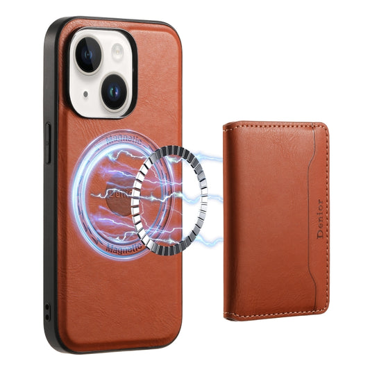 For iPhone 14 Plus Denior Cowhide Texture Leather MagSafe Detachable Wallet Phone Case(Brown) - iPhone 14 Plus Cases by Denior | Online Shopping South Africa | PMC Jewellery | Buy Now Pay Later Mobicred