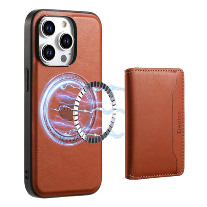 For iPhone 14 Pro Denior Cowhide Texture Leather MagSafe Detachable Wallet Phone Case(Brown) - iPhone 14 Pro Cases by Denior | Online Shopping South Africa | PMC Jewellery | Buy Now Pay Later Mobicred