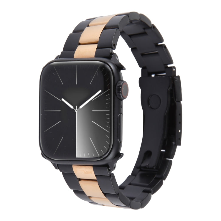 For Apple Watch Series 8 45mm Three-Bead Stainless Steel Watch Band(Black Rose Gold) - Watch Bands by PMC Jewellery | Online Shopping South Africa | PMC Jewellery