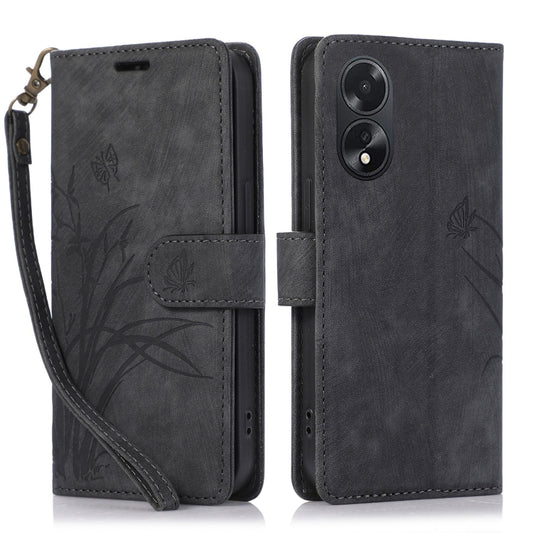 For OPPO A18 / A38 Orchid Butterfly Embossed Leather Phone Case(Black) - A18 Cases by PMC Jewellery | Online Shopping South Africa | PMC Jewellery | Buy Now Pay Later Mobicred