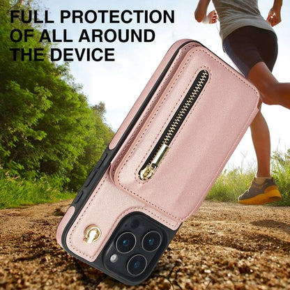 For iPhone 16 Pro Max YM006 Skin Feel Zipper Card Bag Phone Case with Dual Lanyard(Rose Gold) - iPhone 16 Pro Max Cases by PMC Jewellery | Online Shopping South Africa | PMC Jewellery | Buy Now Pay Later Mobicred