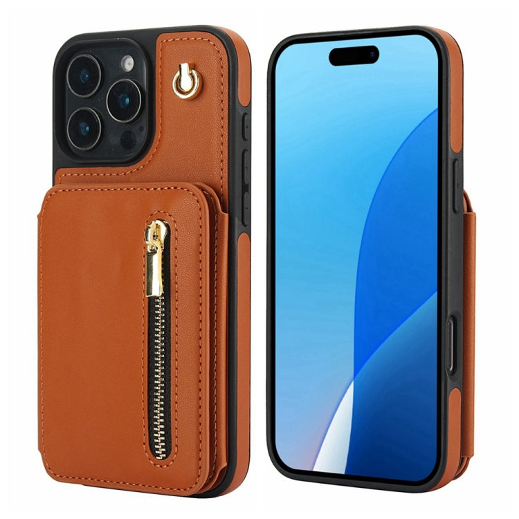 For iPhone 16 Pro Max YM006 Skin Feel Zipper Card Bag Phone Case with Dual Lanyard(Brown) - iPhone 16 Pro Max Cases by PMC Jewellery | Online Shopping South Africa | PMC Jewellery | Buy Now Pay Later Mobicred