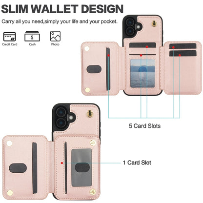 For iPhone 16 Plus YM006 Skin Feel Zipper Card Bag Phone Case with Dual Lanyard(Rose Gold) - iPhone 16 Plus Cases by PMC Jewellery | Online Shopping South Africa | PMC Jewellery | Buy Now Pay Later Mobicred