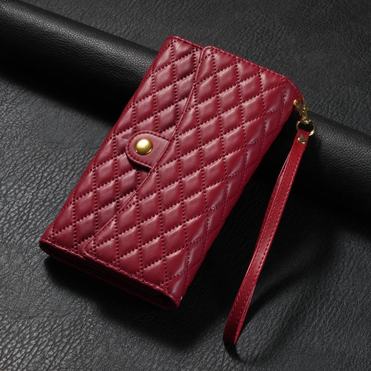 For Google Pixel 8 Zipper Multi-Card Wallet Rhombic Leather Phone Case(Red) - Google Cases by PMC TechLife | Online Shopping South Africa | PMC TechLife | Buy Now Pay Later Mobicred
