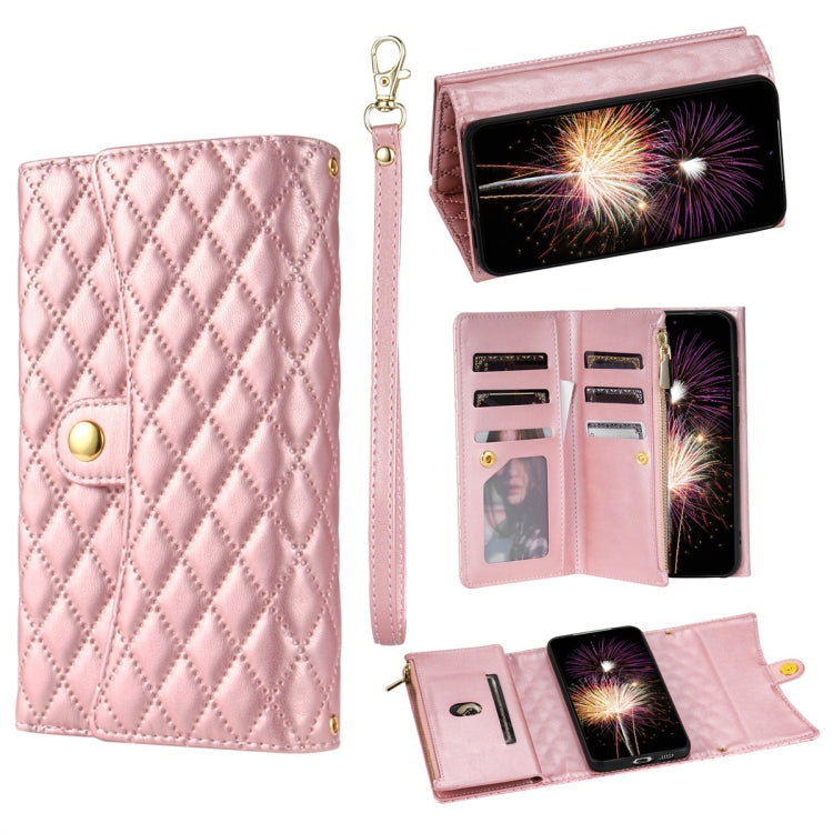 For Google Pixel 7a Zipper Multi-Card Wallet Rhombic Leather Phone Case(Rose Gold) - Google Cases by PMC TechLife | Online Shopping South Africa | PMC TechLife | Buy Now Pay Later Mobicred