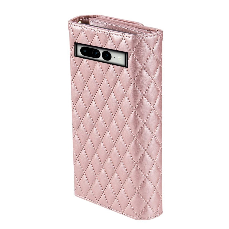 For Google Pixel 7a Zipper Multi-Card Wallet Rhombic Leather Phone Case(Rose Gold) - Google Cases by PMC TechLife | Online Shopping South Africa | PMC TechLife | Buy Now Pay Later Mobicred