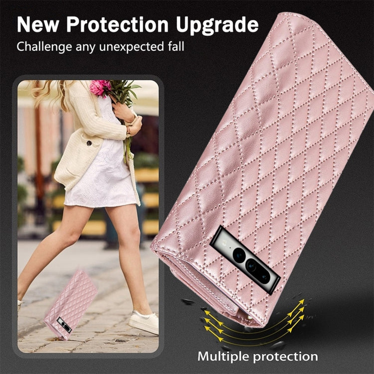 For Google Pixel 7a Zipper Multi-Card Wallet Rhombic Leather Phone Case(Rose Gold) - Google Cases by PMC TechLife | Online Shopping South Africa | PMC TechLife | Buy Now Pay Later Mobicred