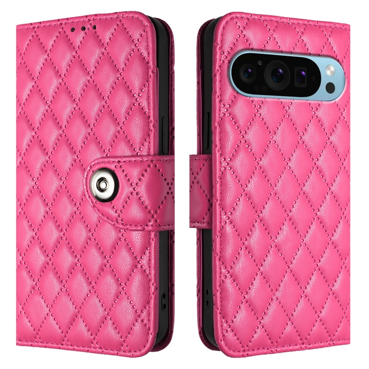 For Google Pixel 9 / Pixel 9 Pro Rhombic Texture Flip Leather Phone Case with Lanyard(Rose Red) - Google Cases by PMC Jewellery | Online Shopping South Africa | PMC Jewellery | Buy Now Pay Later Mobicred