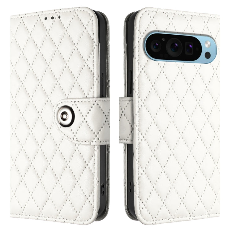 For Google Pixel 9 / Pixel 9 Pro Rhombic Texture Flip Leather Phone Case with Lanyard(White) - Google Cases by PMC TechLife | Online Shopping South Africa | PMC TechLife | Buy Now Pay Later Mobicred