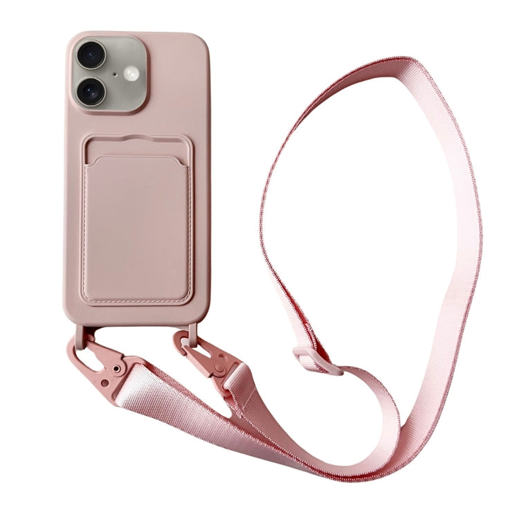 For iPhone 16 Card Slot Liquid Silicone Phone Case with Lanyard(Light Pink) - iPhone 16 Cases by PMC TechLife | Online Shopping South Africa | PMC TechLife | Buy Now Pay Later Mobicred