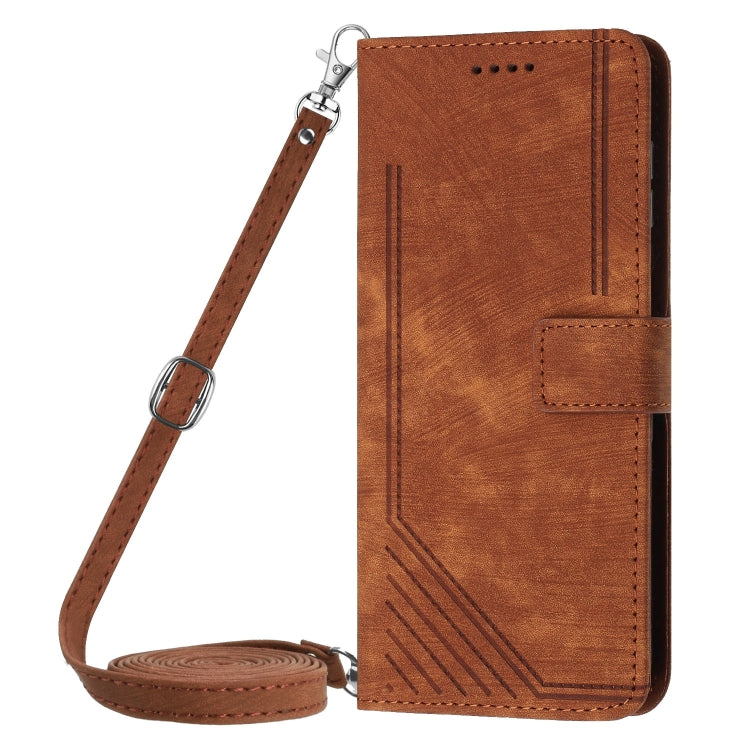 For Motorola Edge 50 Ultra Skin Feel Stripe Pattern Leather Phone Case with Long Lanyard(Brown) - Motorola Cases by PMC TechLife | Online Shopping South Africa | PMC TechLife | Buy Now Pay Later Mobicred