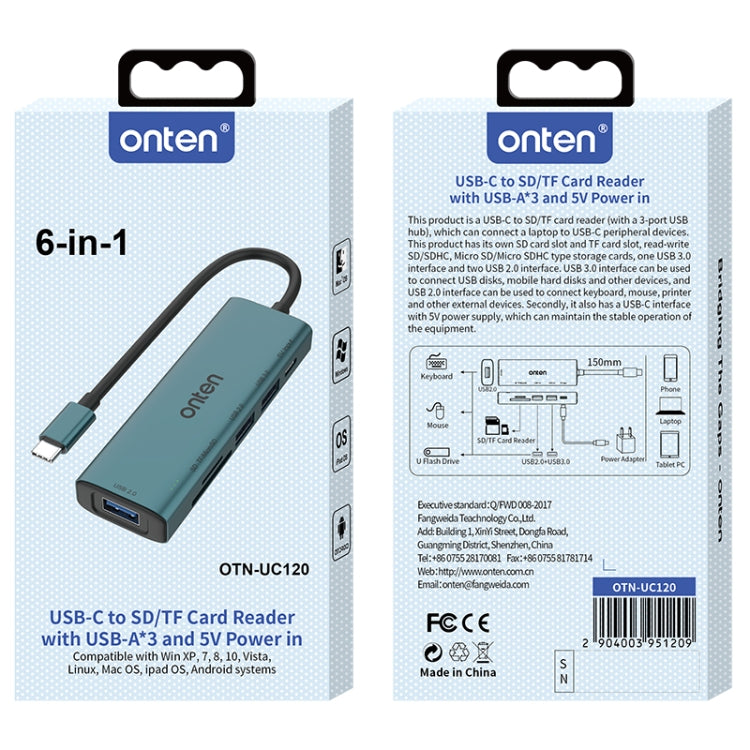 Onten UC120 6 in 1 USB-C to SD / TF Card Reader with 3-Ports USB HUB & 5V Input - USB HUB by Onten | Online Shopping South Africa | PMC Jewellery | Buy Now Pay Later Mobicred