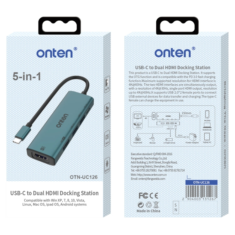 Onten UC126 5 in 1 USB-C / Type-C to Dual HDM I+ USB2.0 + PD3.0 Multi-function HUB Docking Station - USB HUB by Onten | Online Shopping South Africa | PMC Jewellery | Buy Now Pay Later Mobicred