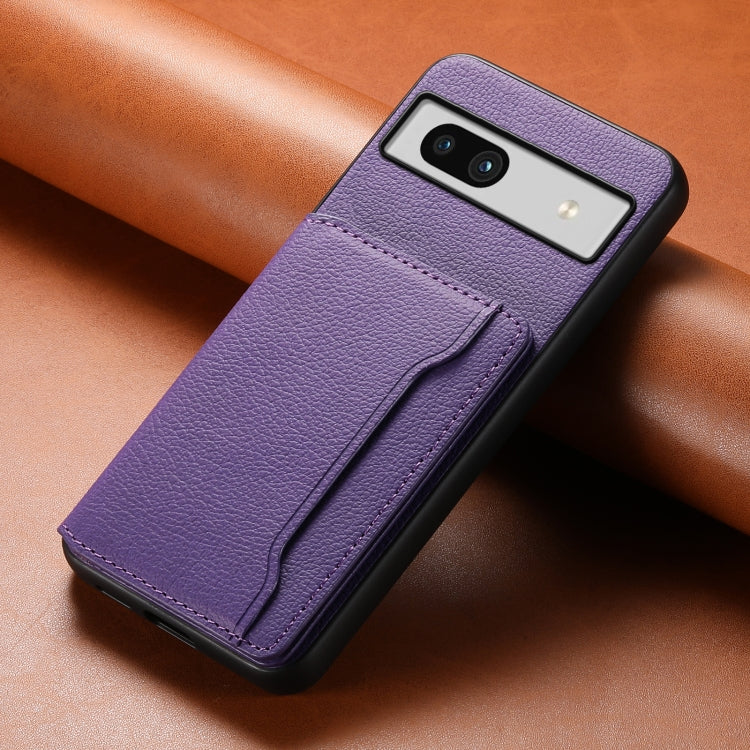 For Google Pixel 7a Calf Texture Card Bag Design Full Coverage Phone Case(Purple) - Google Cases by PMC Jewellery | Online Shopping South Africa | PMC Jewellery | Buy Now Pay Later Mobicred