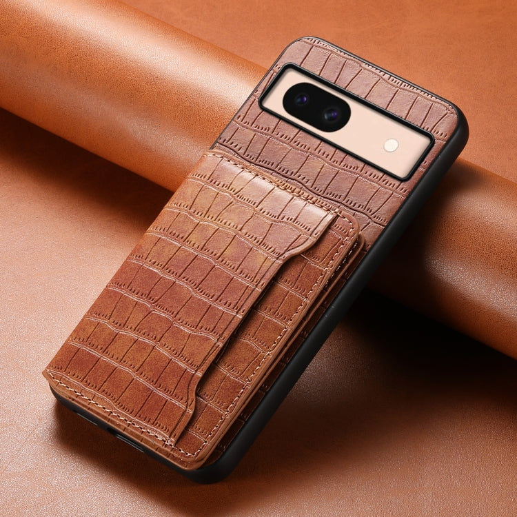 For Google Pixel 8a Crocodile Texture Card Bag Design Full Coverage Phone Case(Brown) - Google Cases by PMC TechLife | Online Shopping South Africa | PMC TechLife | Buy Now Pay Later Mobicred