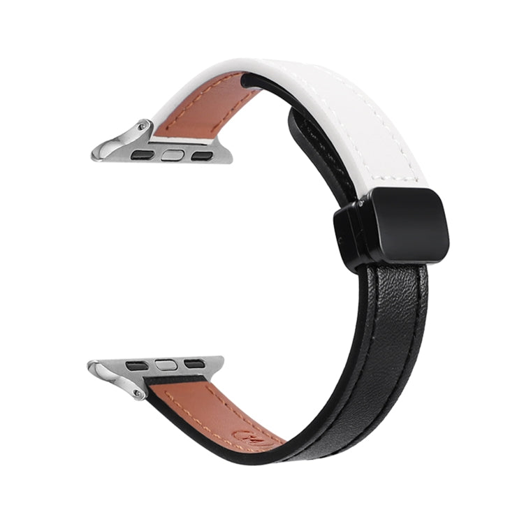 For Apple Watch Ultra 49mm Slim Magnetic Buckle Genuine Leather Watch Band(Plain Black Beige) - Watch Bands by PMC Jewellery | Online Shopping South Africa | PMC Jewellery