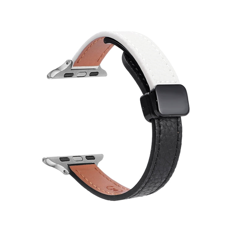 For Apple Watch Series 8 45mm Slim Magnetic Buckle Genuine Leather Watch Band(Litchi Black Beige) - Watch Bands by PMC Jewellery | Online Shopping South Africa | PMC Jewellery