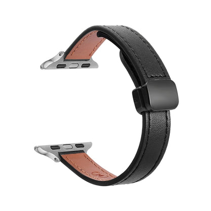 For Apple Watch SE 40mm Slim Magnetic Buckle Genuine Leather Watch Band(Plain Black) - Watch Bands by PMC Jewellery | Online Shopping South Africa | PMC Jewellery