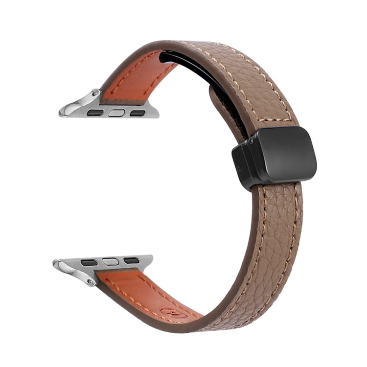 For Apple Watch Series 5 44mm Slim Magnetic Buckle Genuine Leather Watch Band(Litchi Coffee) - Watch Bands by PMC Jewellery | Online Shopping South Africa | PMC Jewellery